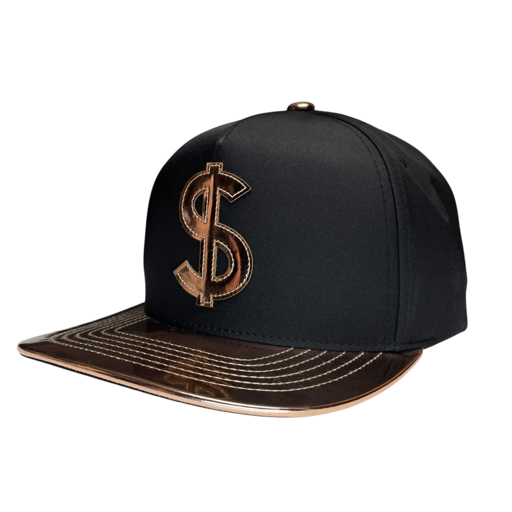 Money Logo Snapback Hat Black and Bronze Vinyl Flat Brim Adjustable