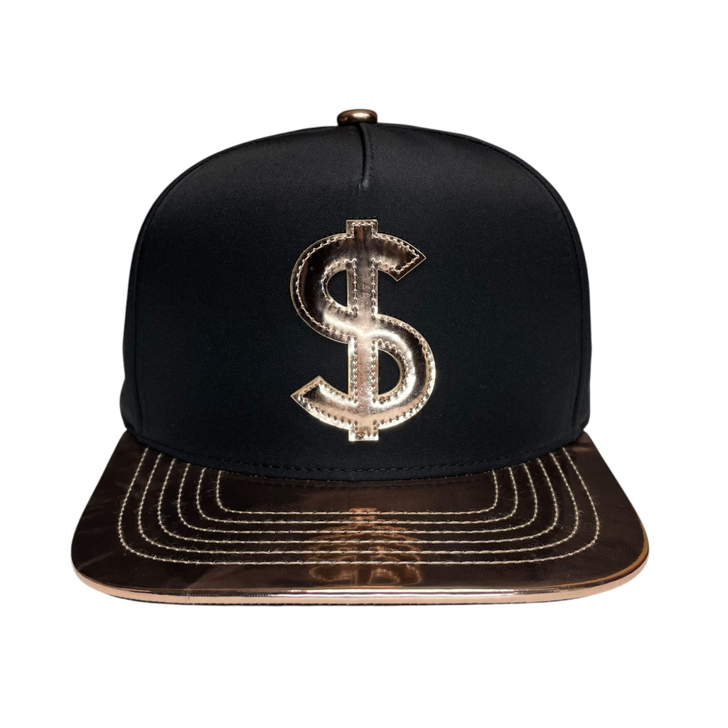 Black and bronze money logo snapback hat with vinyl flat brim design