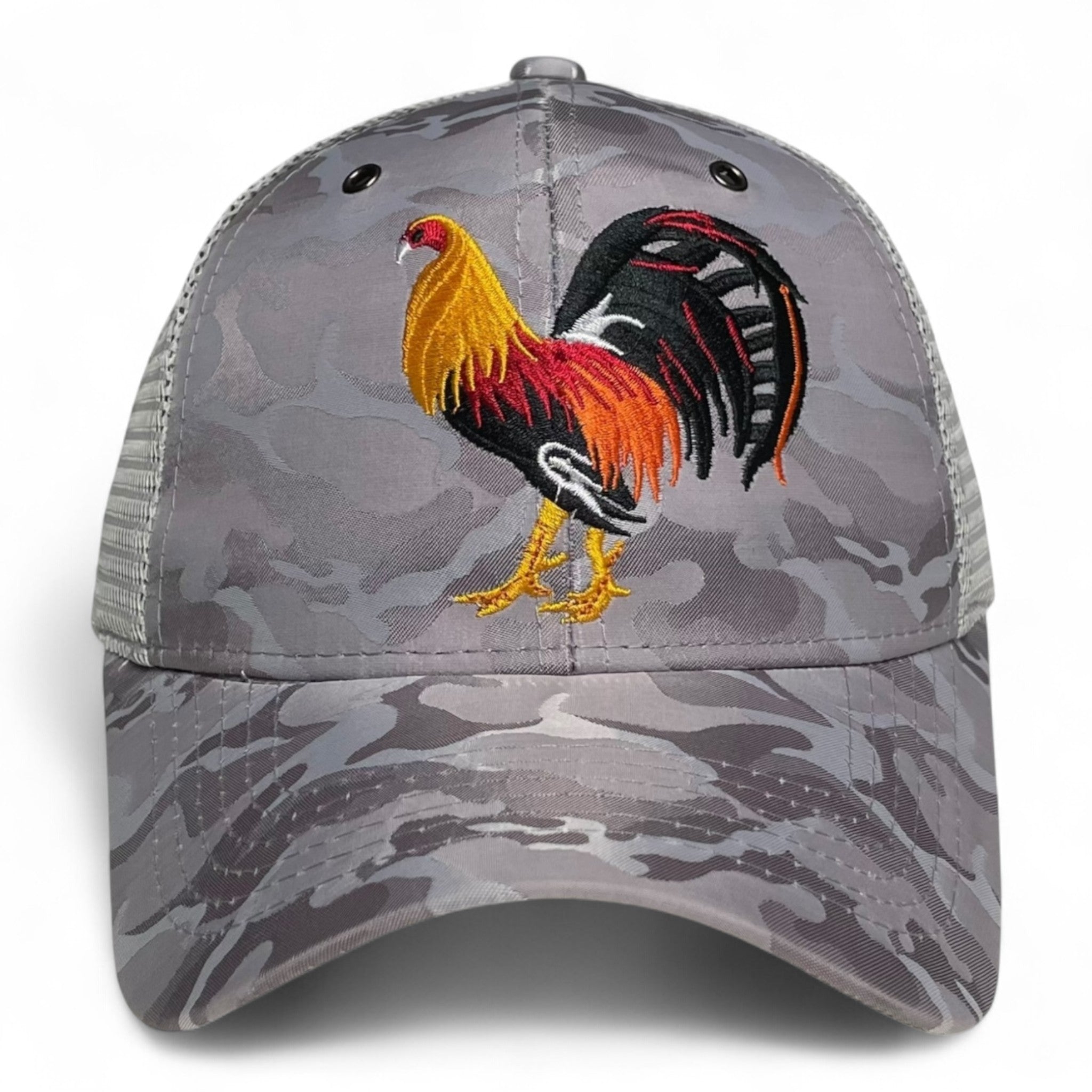 Rooster Embroidered Trucker Snapback Cap Gray Camo Rodeo Style
