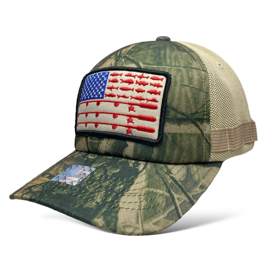 Fishing Hat with Embroidered American Flag Patch and Camo Design | Wholesale