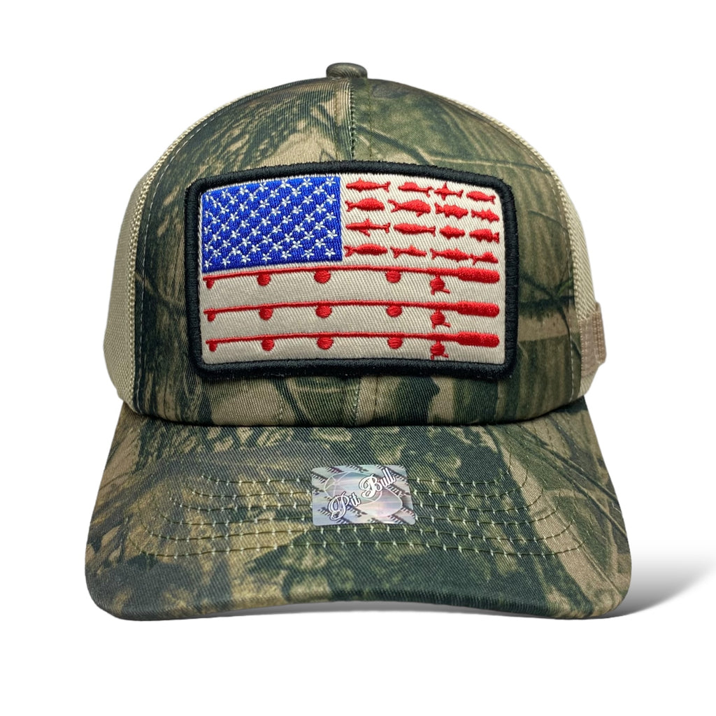 Fishing Hat with Embroidered American Flag Patch and Camo Design | Wholesale