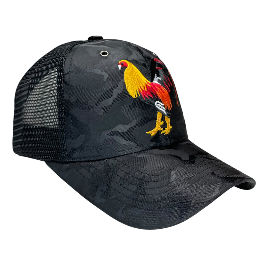 Rooster Fight Baseball Cap – Camouflage Black, Embroidered Adjustable