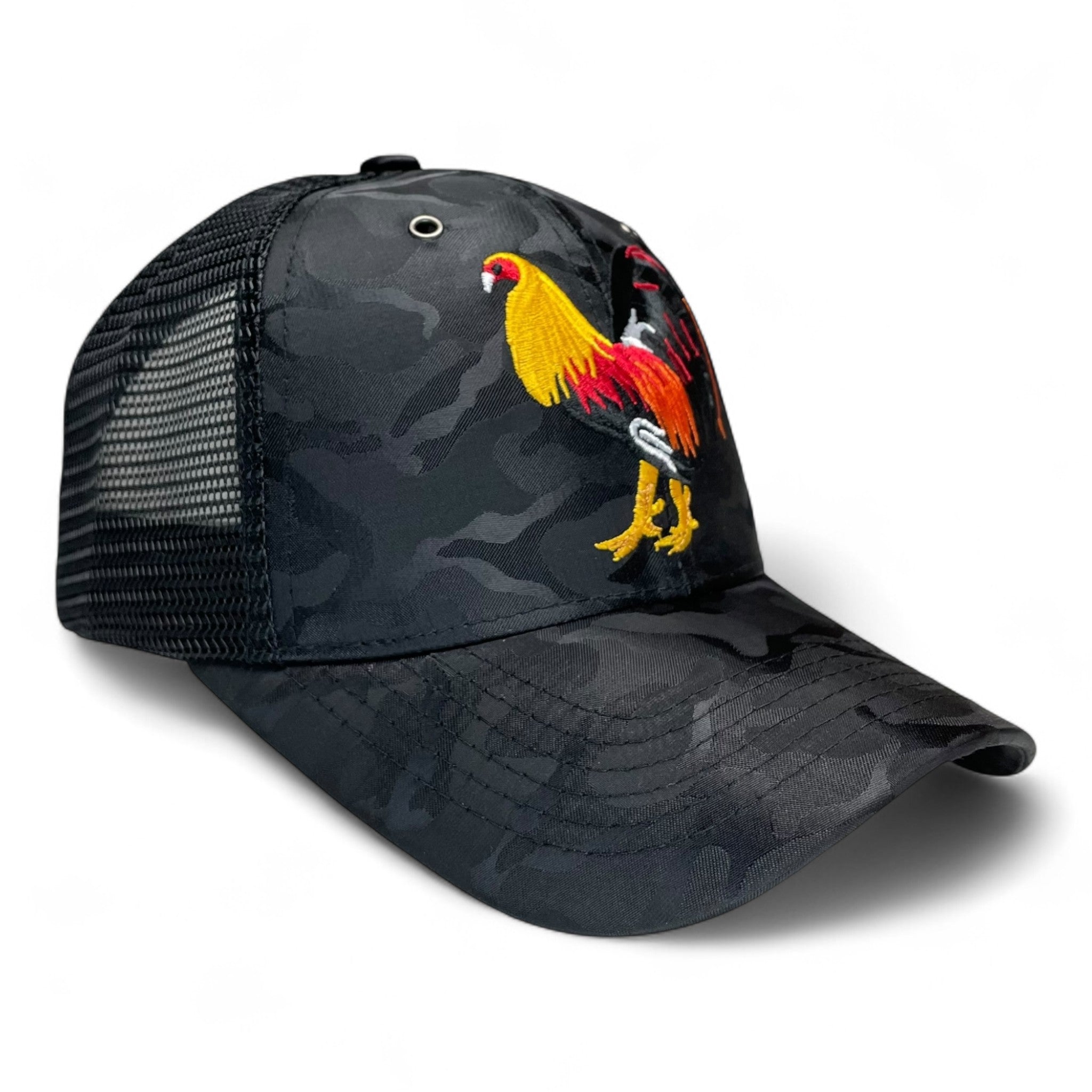 Wholesale Rooster Fight Embroidered Trucker Hat Black Camo Rodeo Style Pack of 2