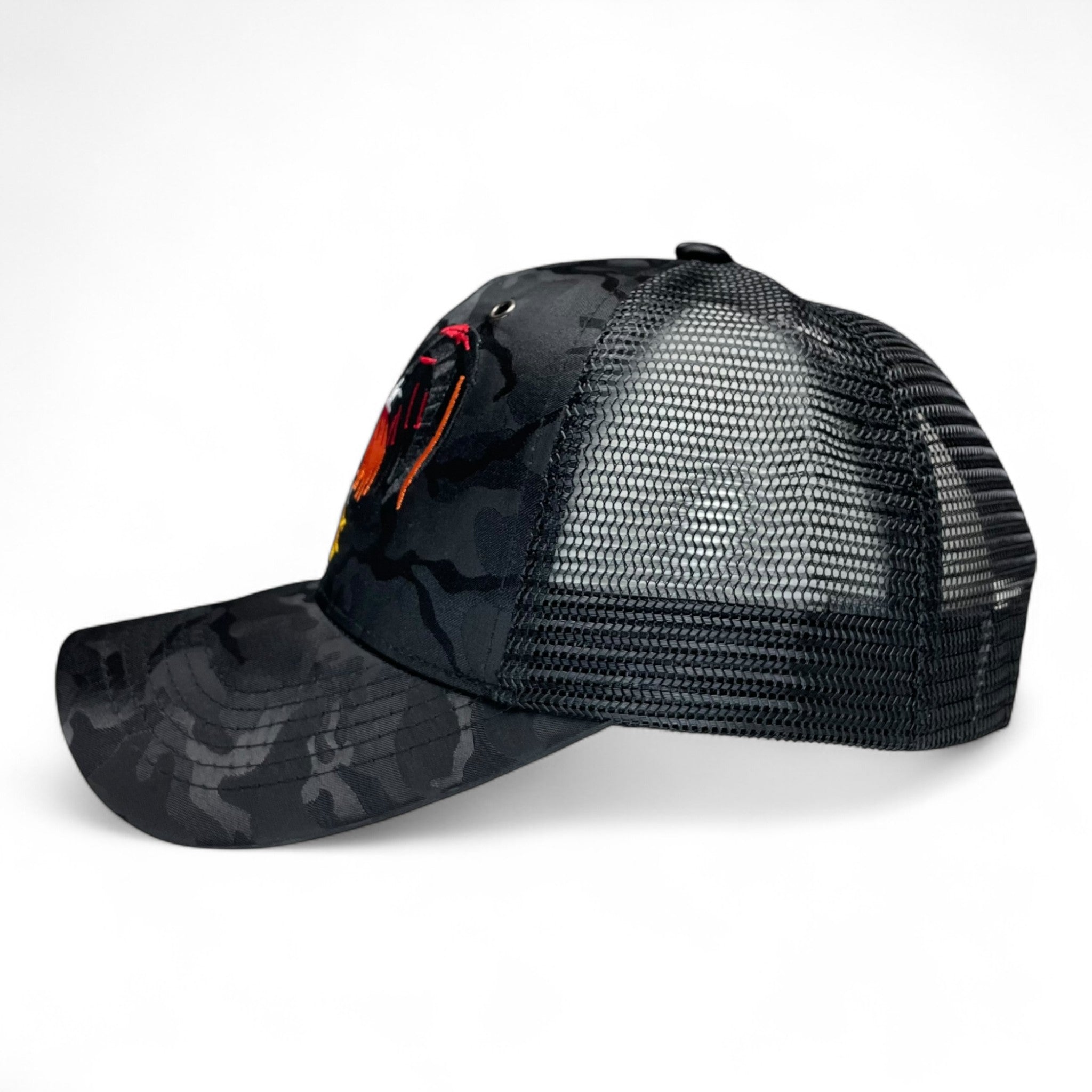 Wholesale Rooster Fight Embroidered Trucker Hat Black Camo Rodeo Style Pack of 2