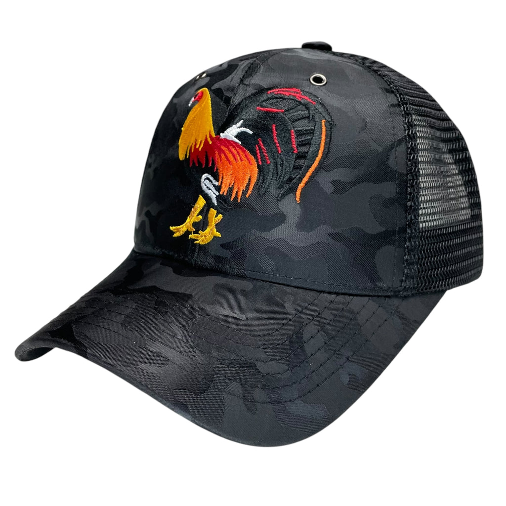 Rooster Fight Baseball Cap – Camouflage Black, Embroidered Adjustable