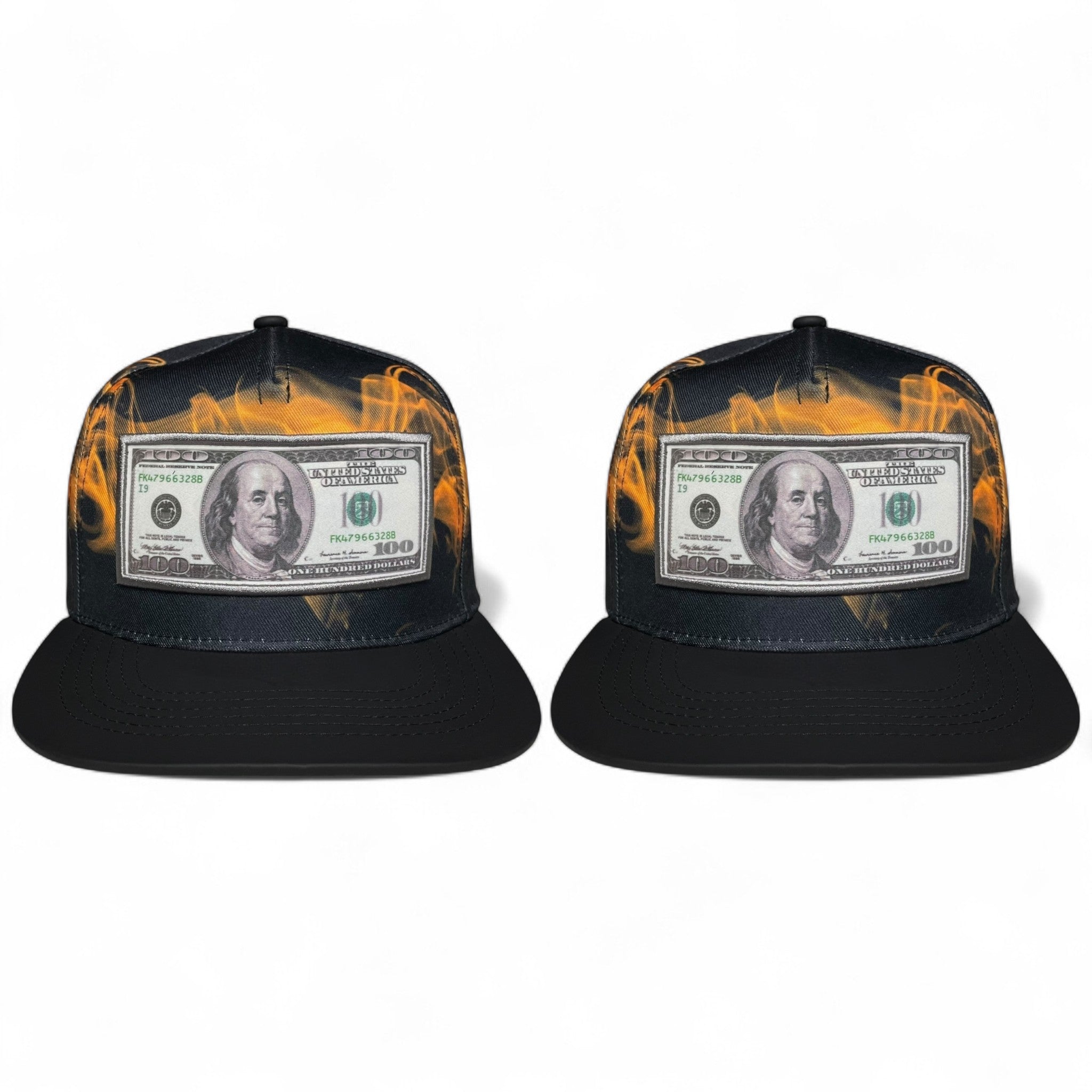 Get this pack of 2 snapback caps with 100 dollar bill embroidered patch. Streetwear style, flat brim, adjustable fit. Wholesale, no minimum order!