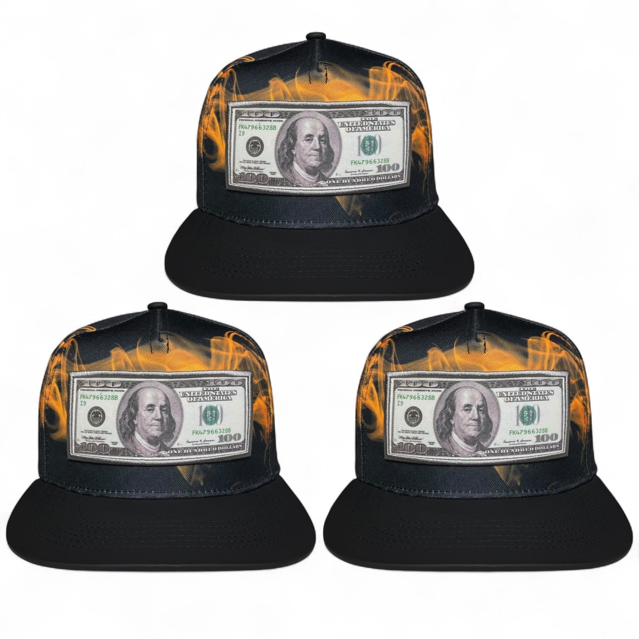 Pack of 3 black snapback caps with 100 dollar bill embroidered patch, flat brim, streetwear style, adjustable closure.