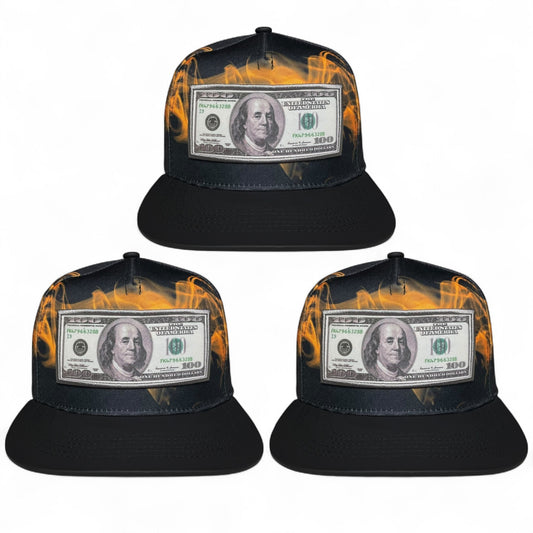 Pack of 3 black snapback caps with 100 dollar bill embroidered patch, flat brim, streetwear style, adjustable closure.