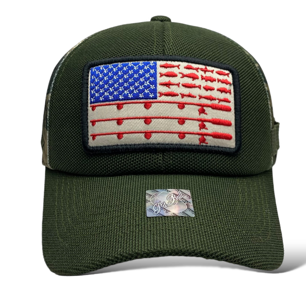 American Flag Patch Fishing Hat Cap with Hidden Pocket and Hook and Lure Holder