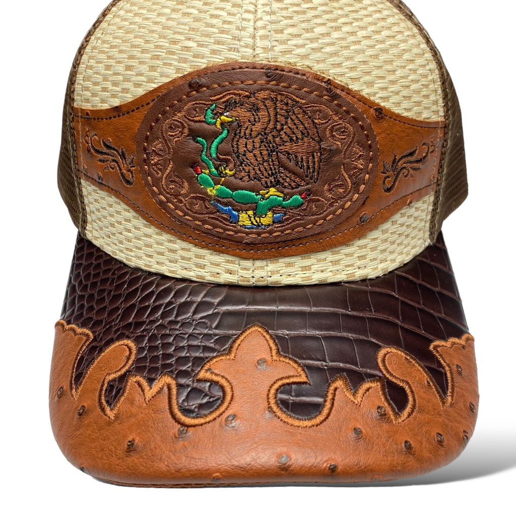 Embroidered Mexican National Emblem Straw Trucker Hat Snapback, Western-Style Baseball Cap