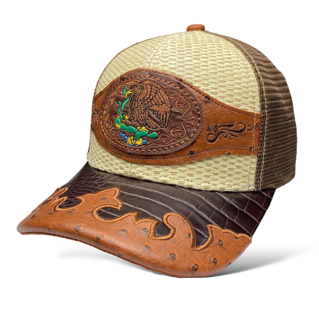 Embroidered Mexican National Emblem Straw Trucker Hat Snapback, Western-Style Baseball Cap