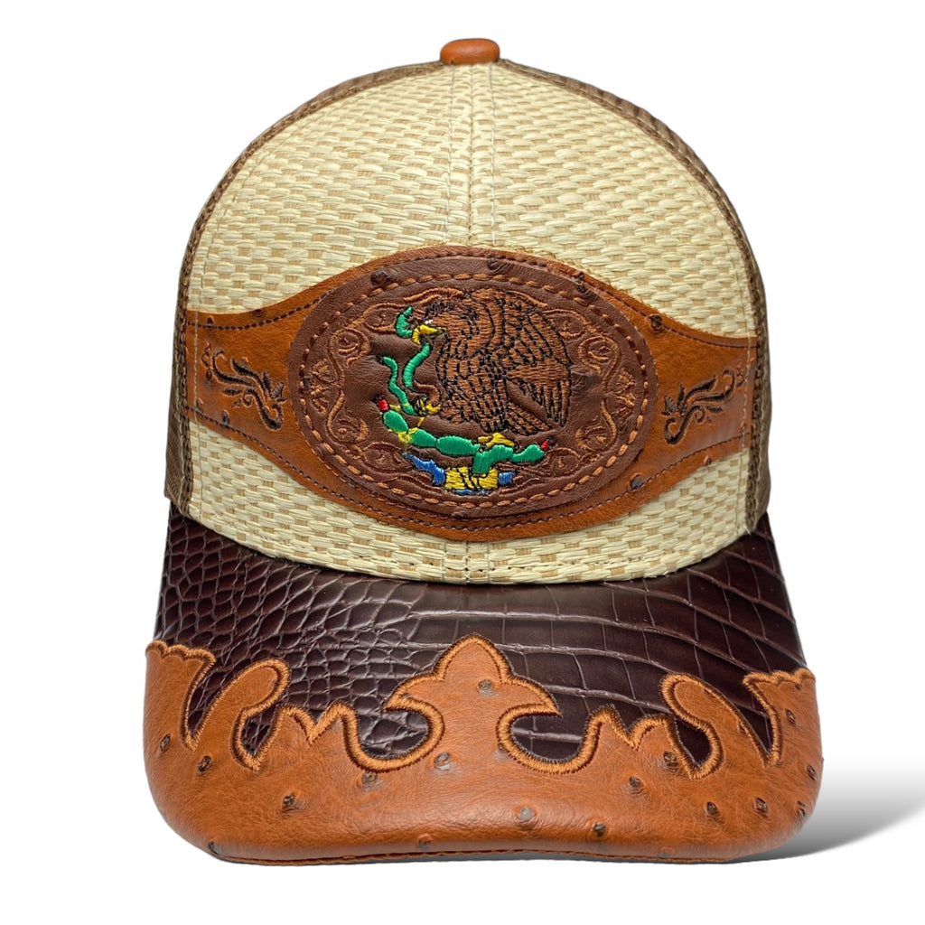 Embroidered Mexican National Emblem Straw Trucker Hat Snapback, Western-Style Baseball Cap