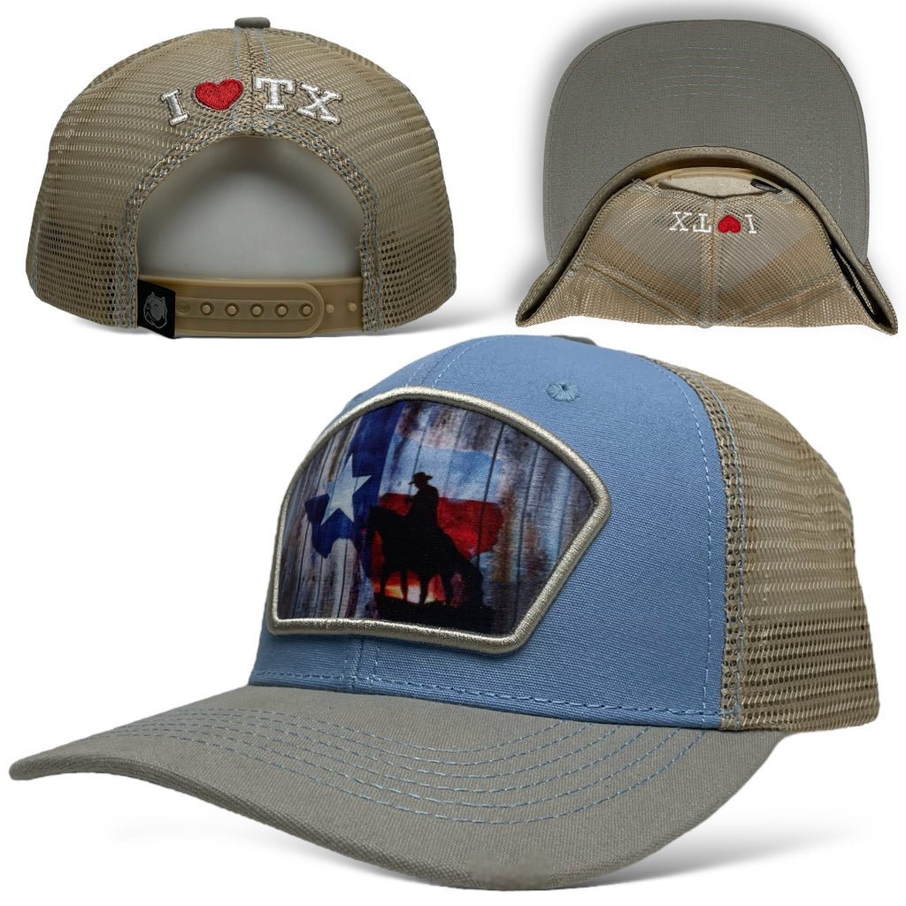 Snapback trucker hat featuring Light Blue, Gray, and Beige colors with cowboy on horse and Texas flag