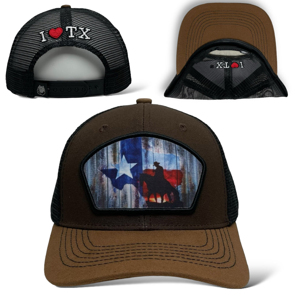 Snapback trucker hat in Brown with cowboy on horse and Texas flag design