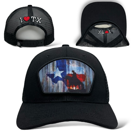 Snapback trucker hat in Black with cowboy on horse and Texas flag design