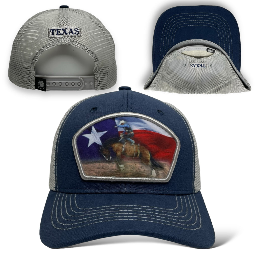 Navy and White snapback trucker hat featuring cowboy riding bronco and Texas flag