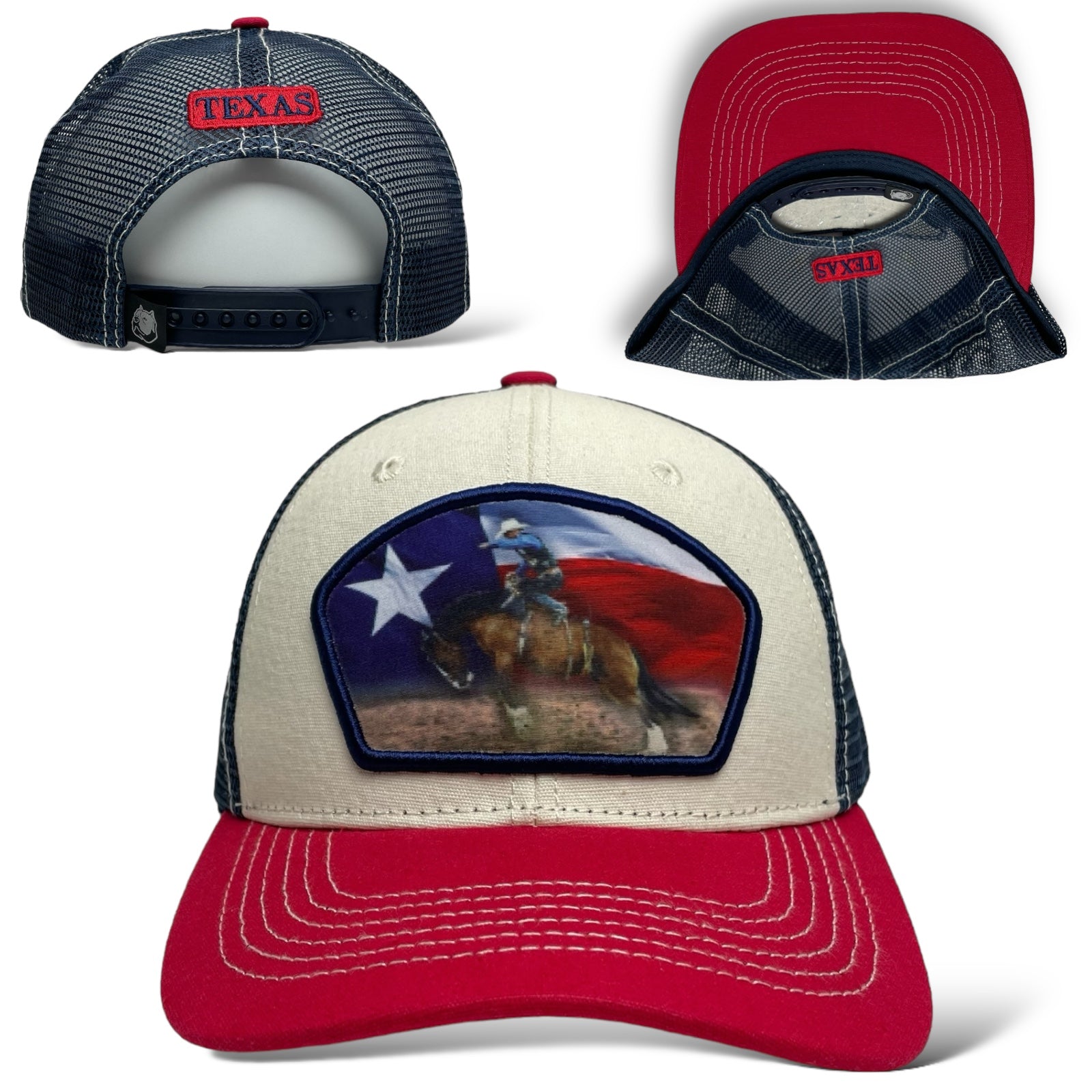 Beige snapback trucker hat featuring cowboy riding bronco and Texas flag