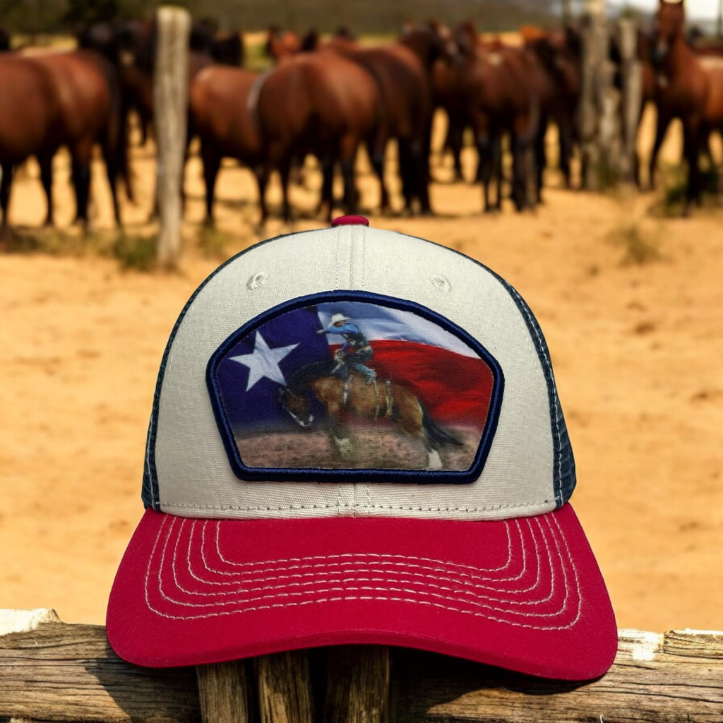 Cowboy bucking bronco snapback trucker hat in Beige with Texas flag patch