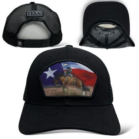 Cowboy bucking bronco snapback trucker hat with Texas flag patch