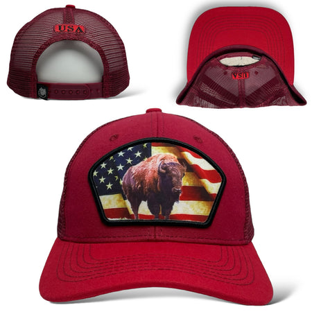 Close-up of USA Flag and American Bison Patch on Burgundy Trucker Hat