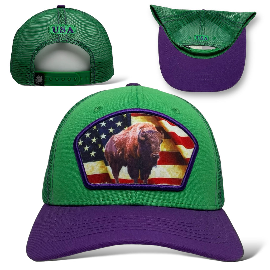 Purple Snapback Trucker Hat with USA Flag and Bison Patch - Side View