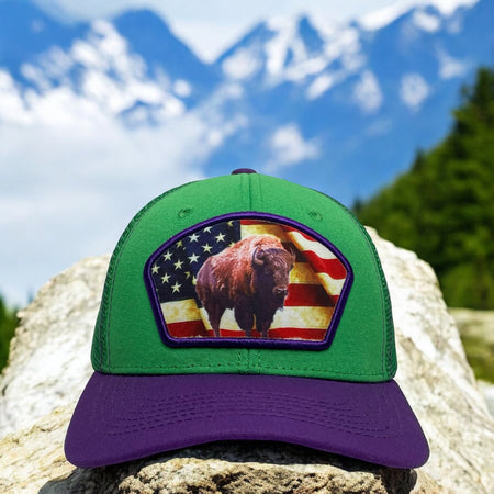 Green Trucker Hat with USA Flag and American Bison Snapback - Front View