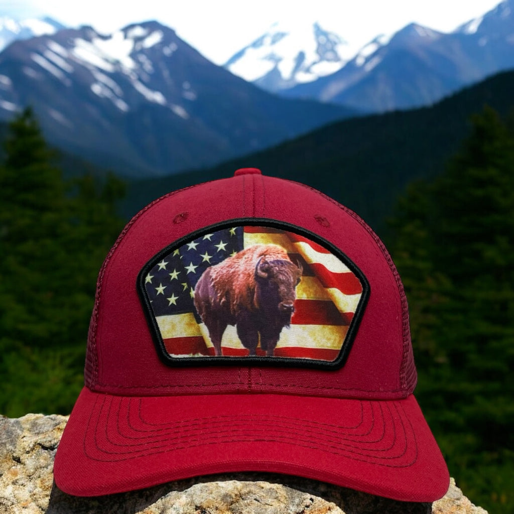 Burgundy and Red Trucker Hat with USA Flag and American Bison Patch