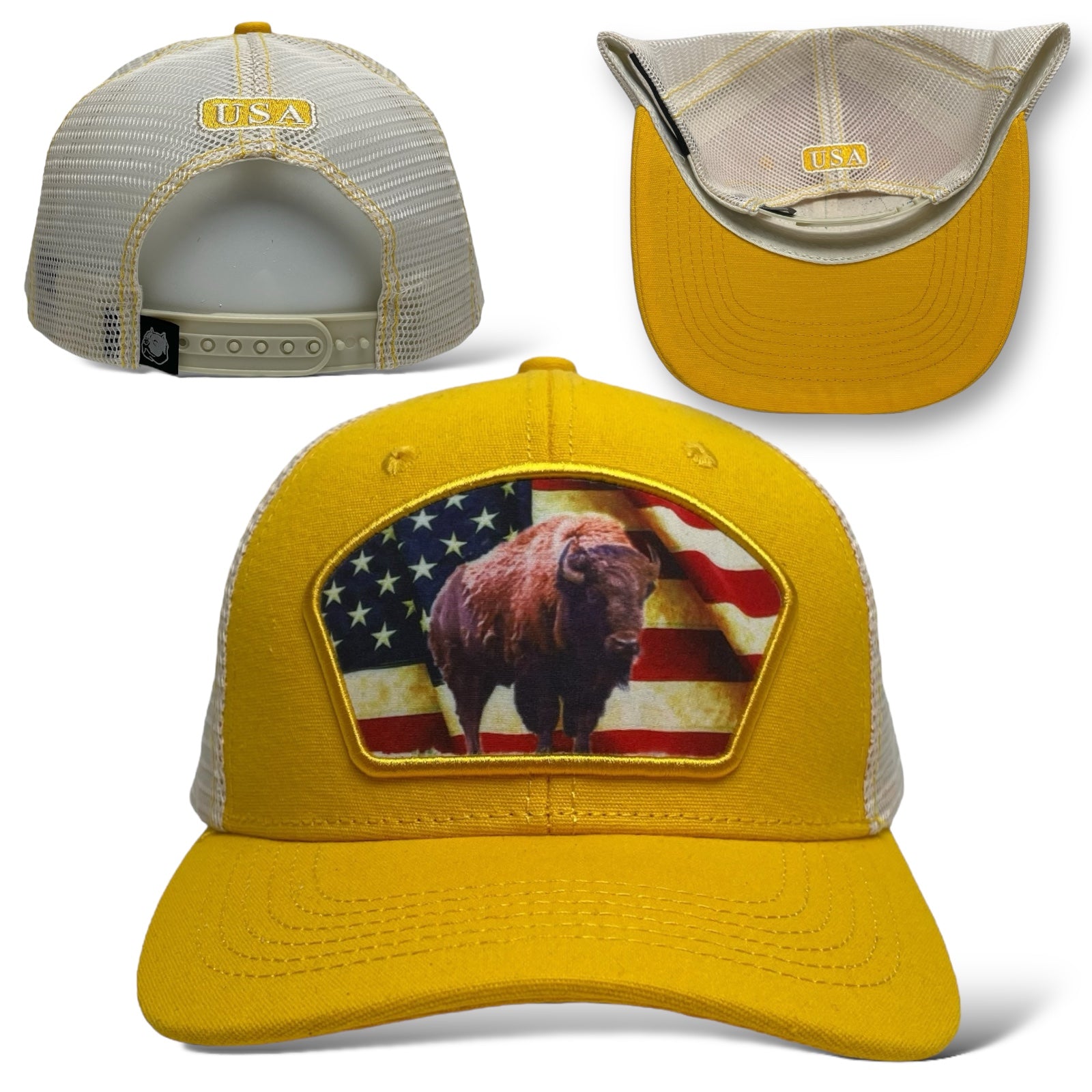 snapback trucker hat with USA flag buffalo patch, mesh back, and adjustable fit.