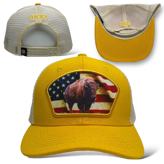 snapback trucker hat with USA flag buffalo patch, mesh back, and adjustable fit.