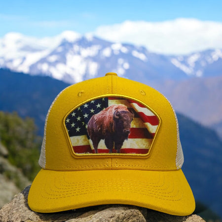 Wholesale yellow and beige trucker hat with USA flag and American bison patch