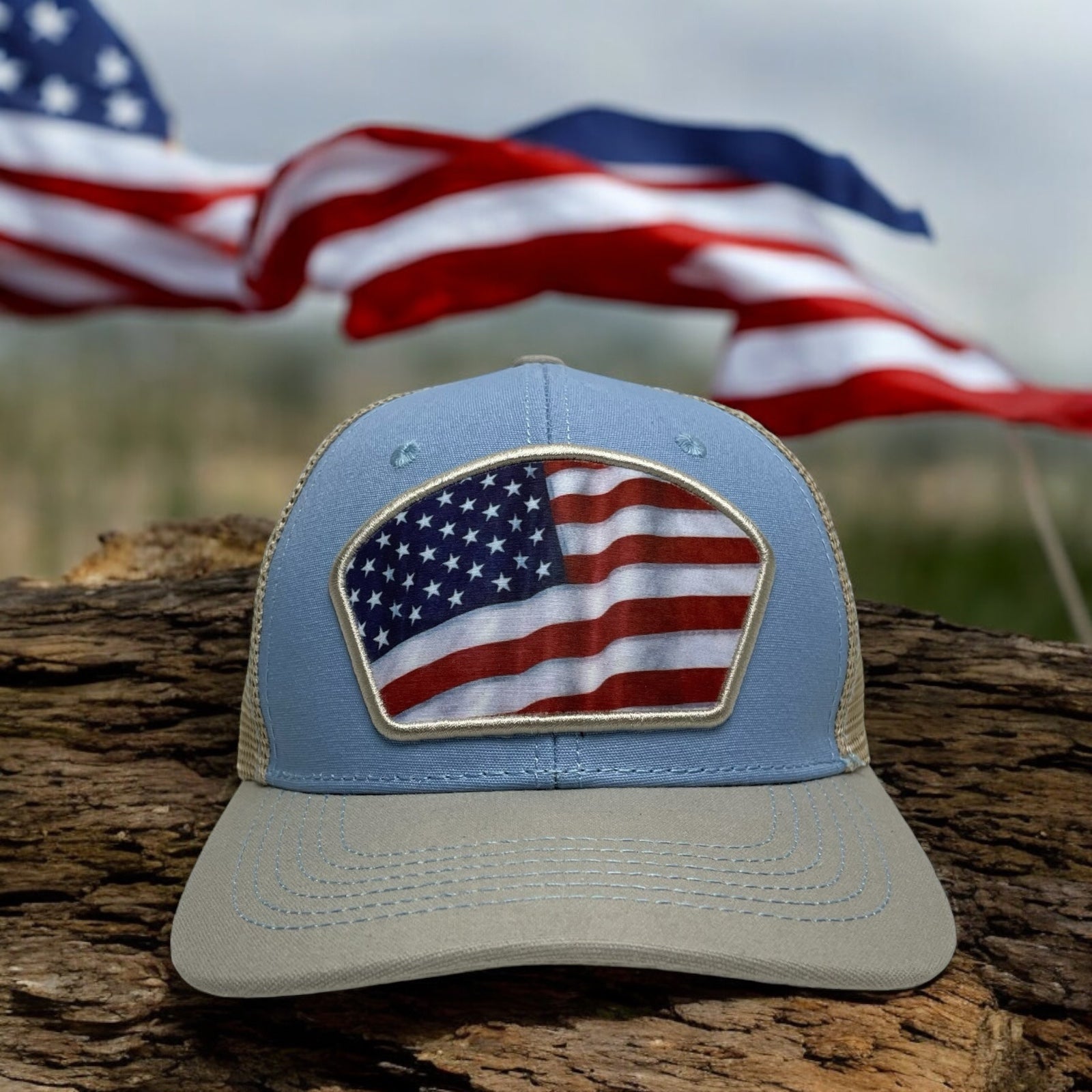 Gray Snapback trucker hat with USA flag embroidered patch