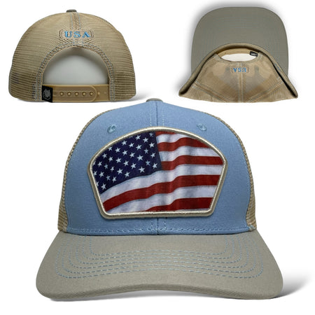 Light blue trucker hat with USA flag patch - Snapback style