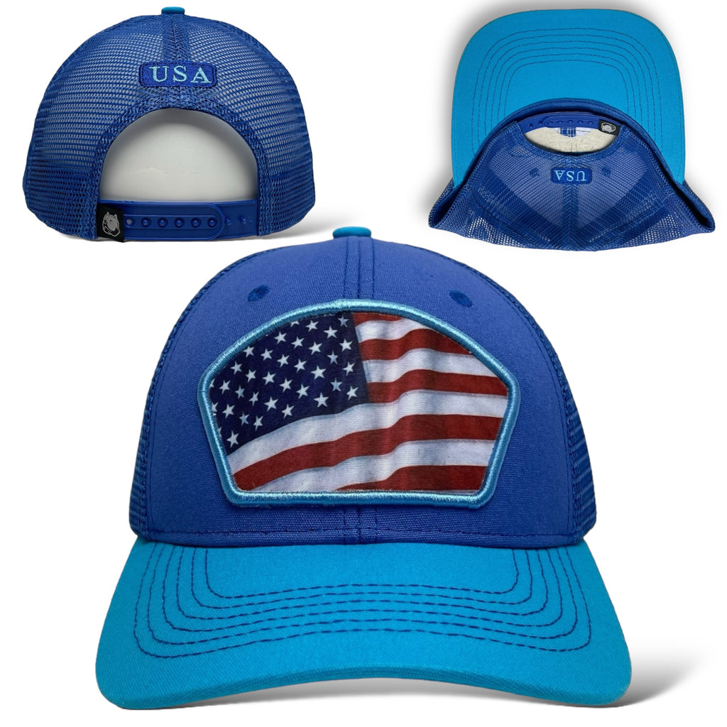 Blue Snapback Trucker Hat with USA Flag Emblem - Wholesale Pricing