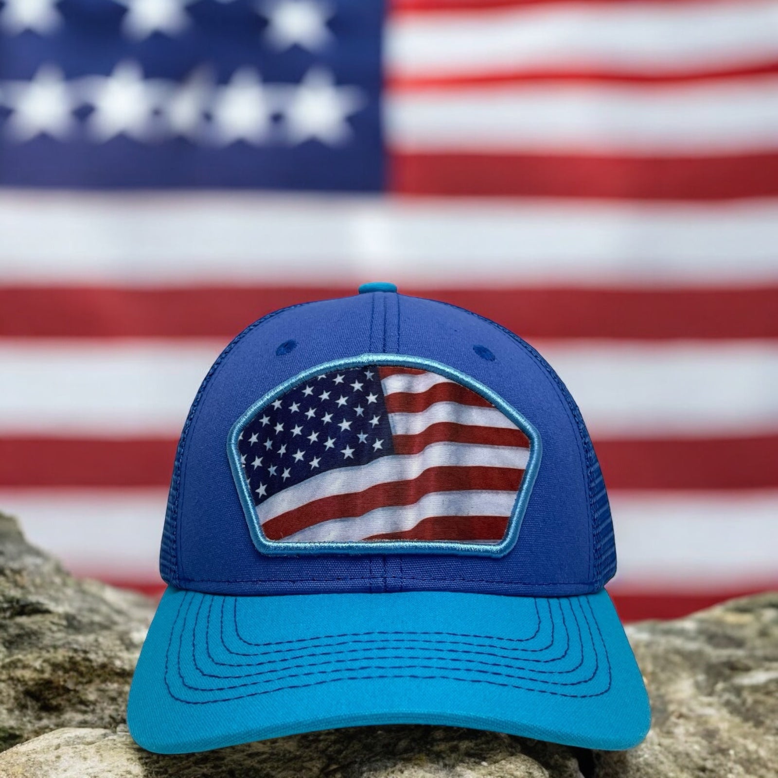 Aqua Blue Trucker Hat with USA Flag Patch - Snapback Style