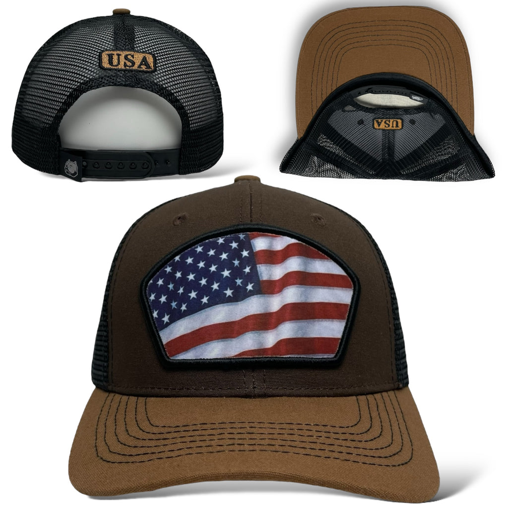 Wholesale Snapback Trucker Hat in Brown and Black with USA Flag