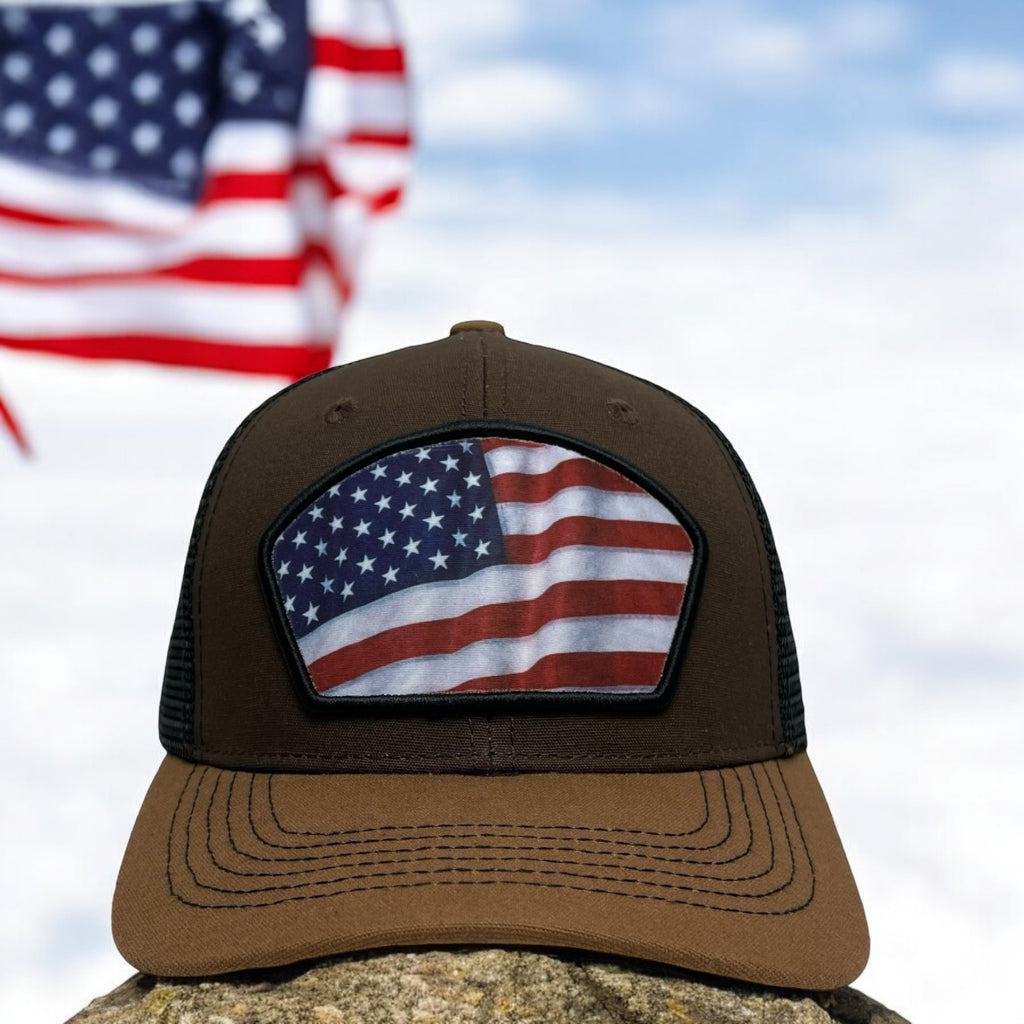 Brown and Black Trucker Hat with USA Flag Patch - Snapback