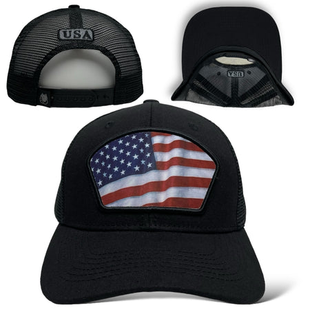 Snapback black trucker hat featuring printed USA flag design