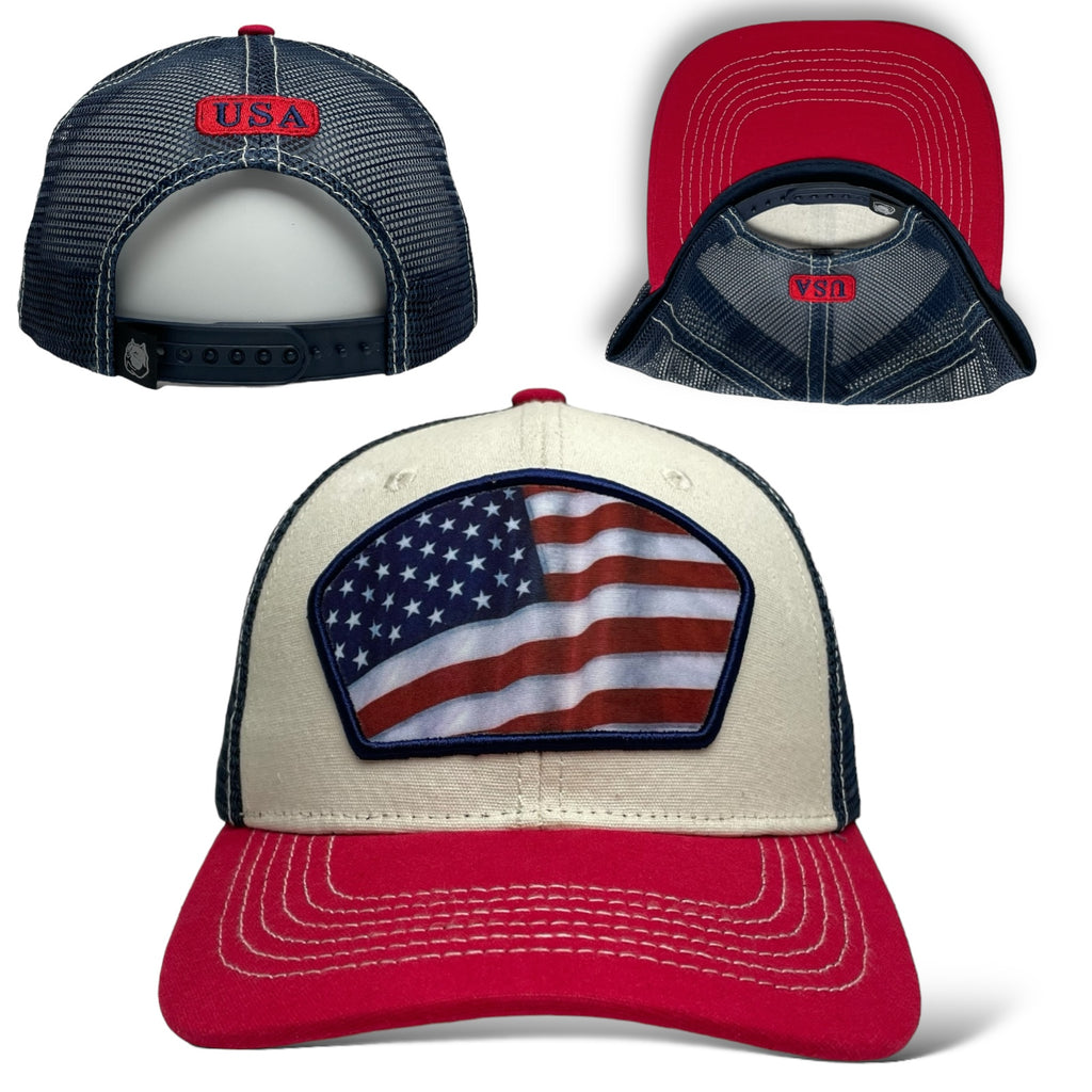 Wholesale Trucker Hat - Beige, Red & Navy Snapback with USA Flag Printed Patch