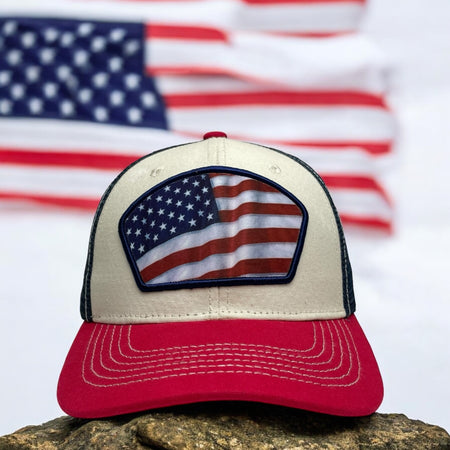 Beige, Red, and Navy Wholesale Trucker Hat with USA Flag Patch Snapback