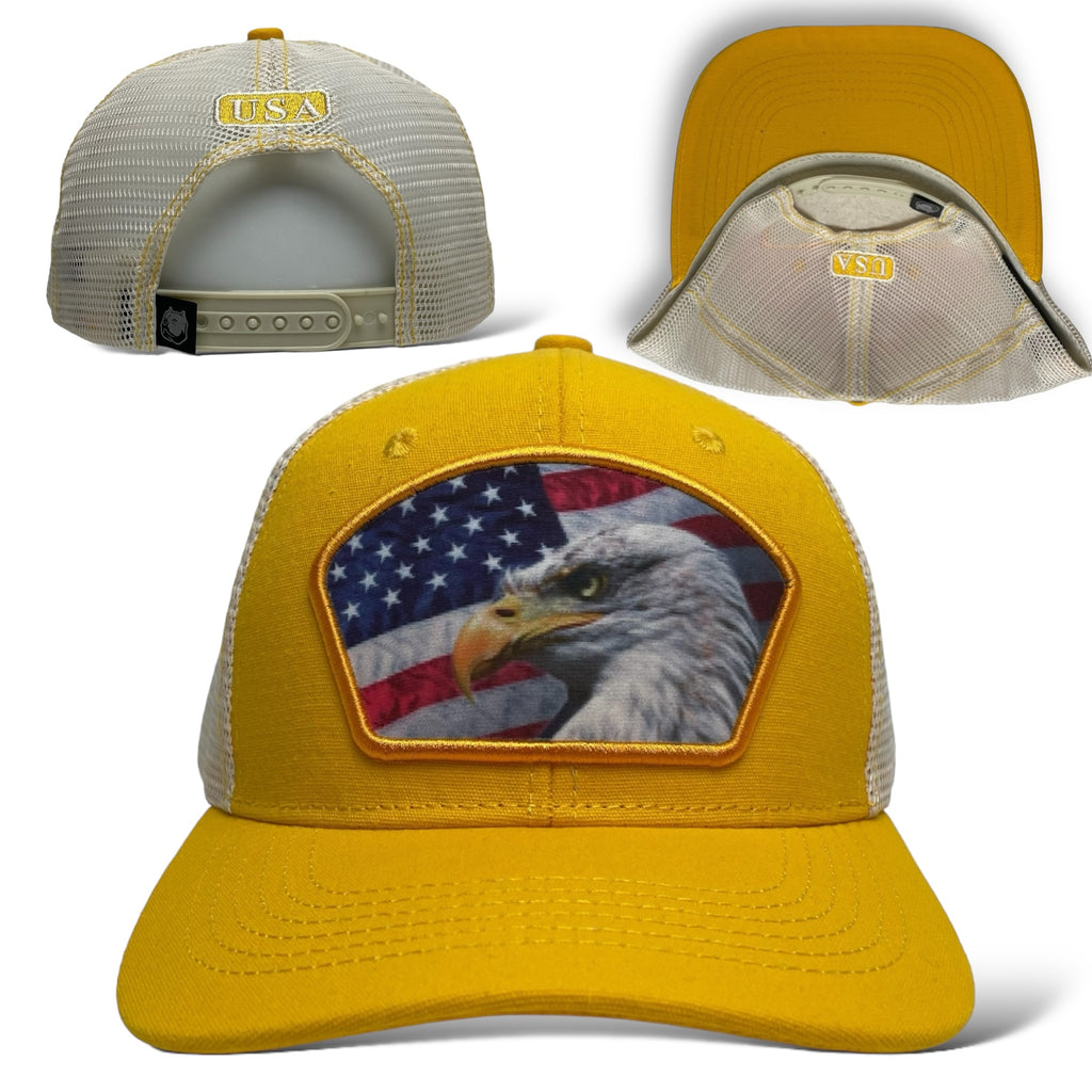 Yellow and White Trucker Hat with USA Flag & Eagle Patch - Wholesale Snapback