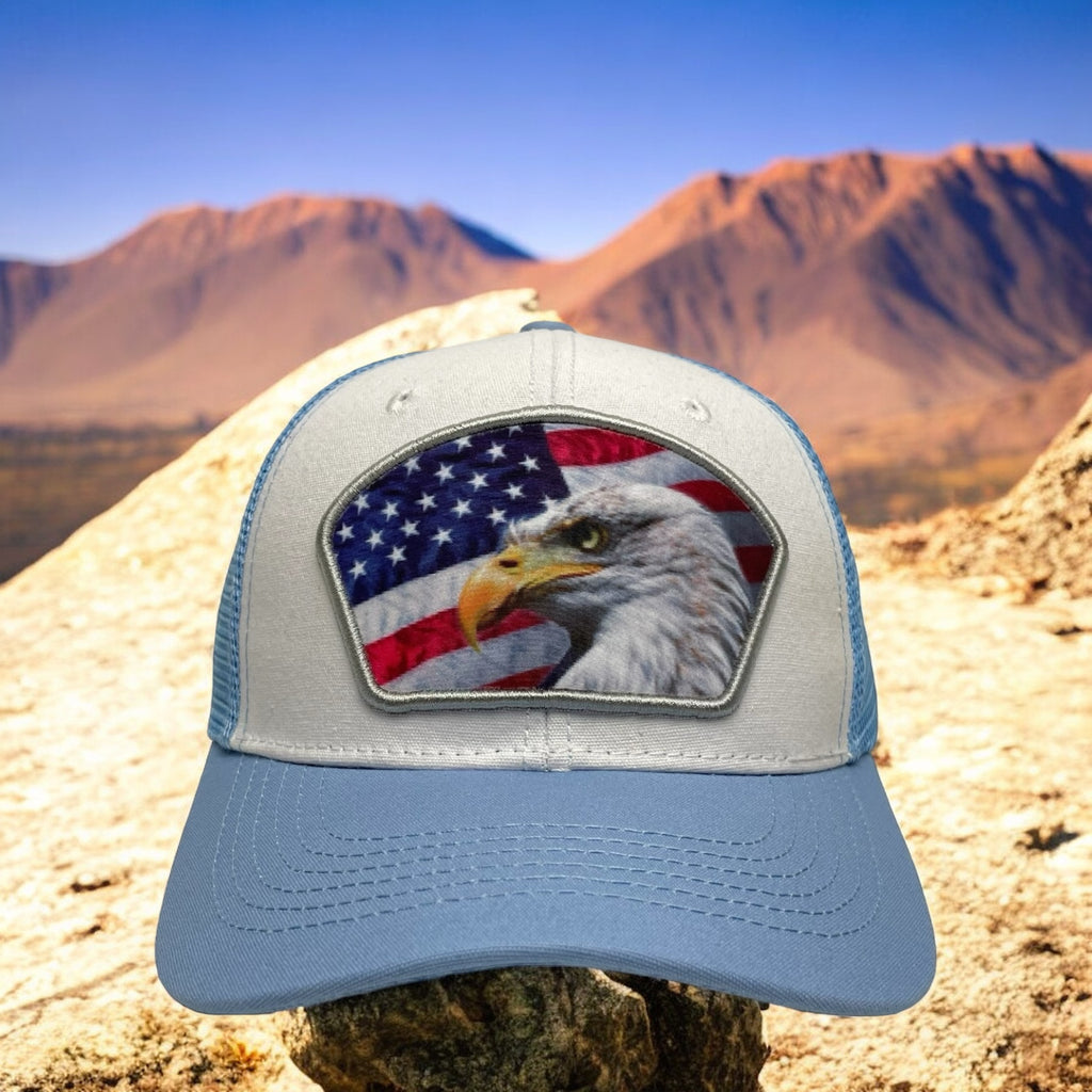 Light Blue & White Snapback Trucker Hat with USA Flag & Eagle Patch – Wholesale Price