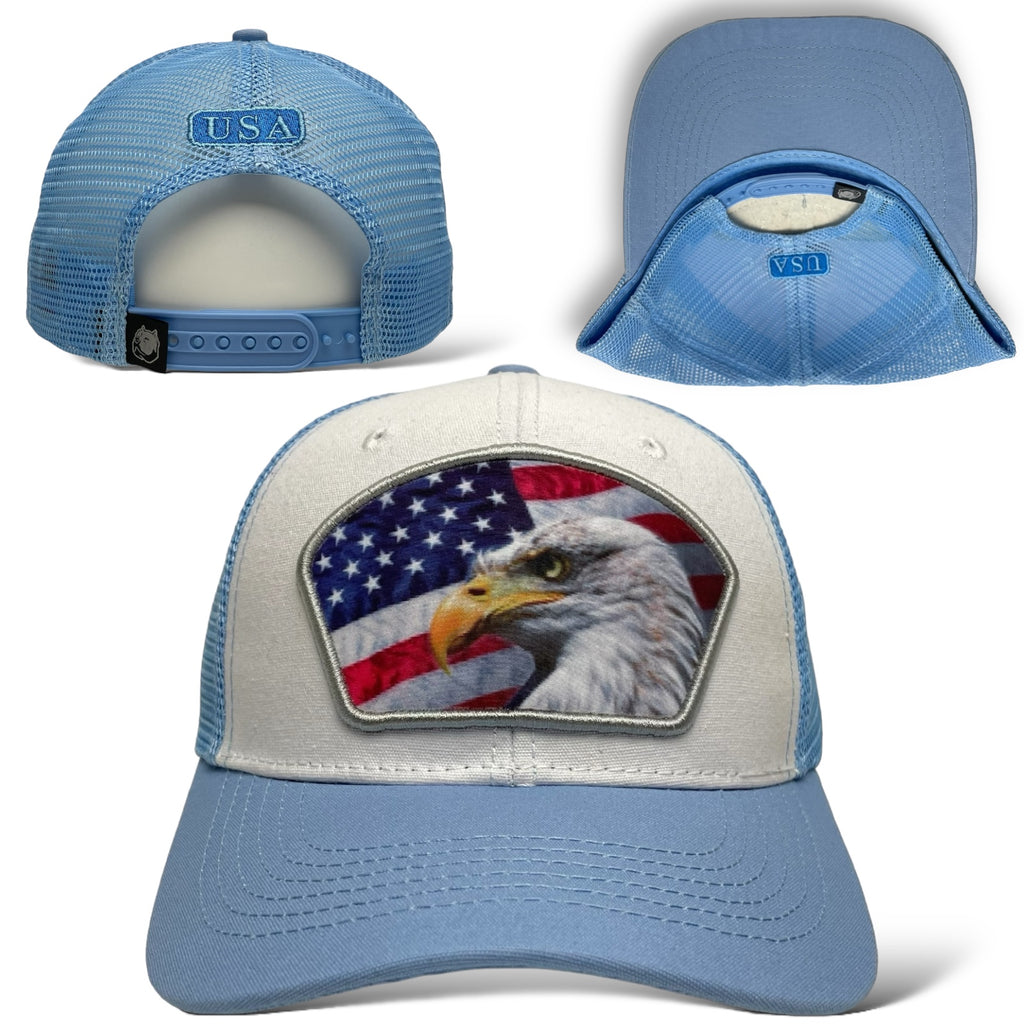 Light Blue & White Snapback Trucker Hat with USA Flag & Eagle Patch – Wholesale Price