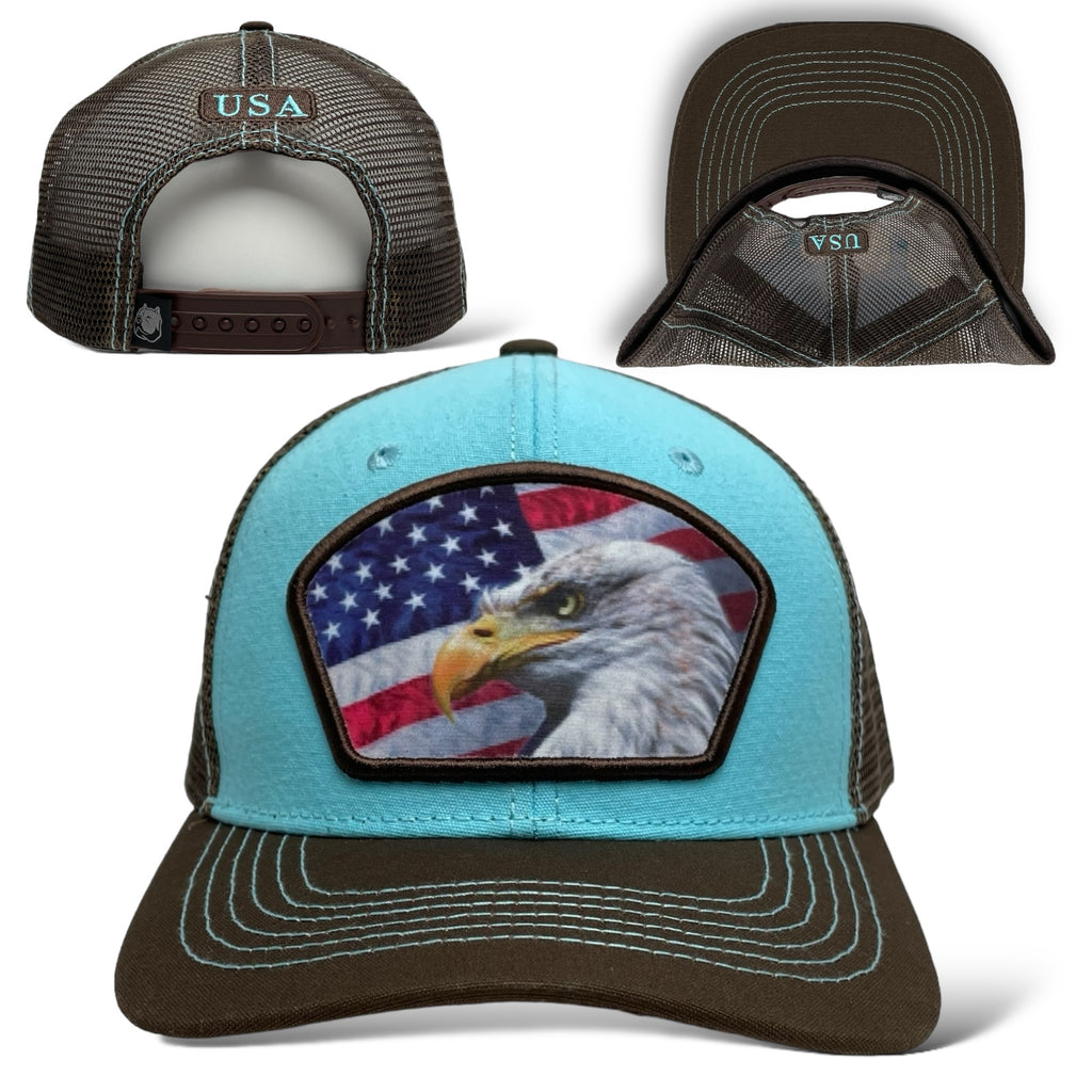 Side View of Sky Blue and Brown Snapback Trucker Hat with USA Flag and Eagle Patch