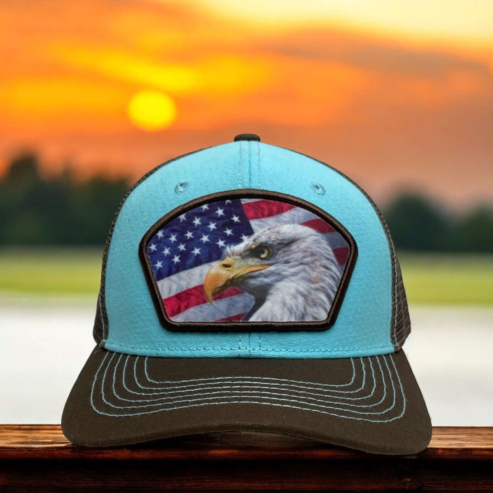 Sky Blue and Brown Trucker Hat with USA Flag Patch and Eagle - Front View