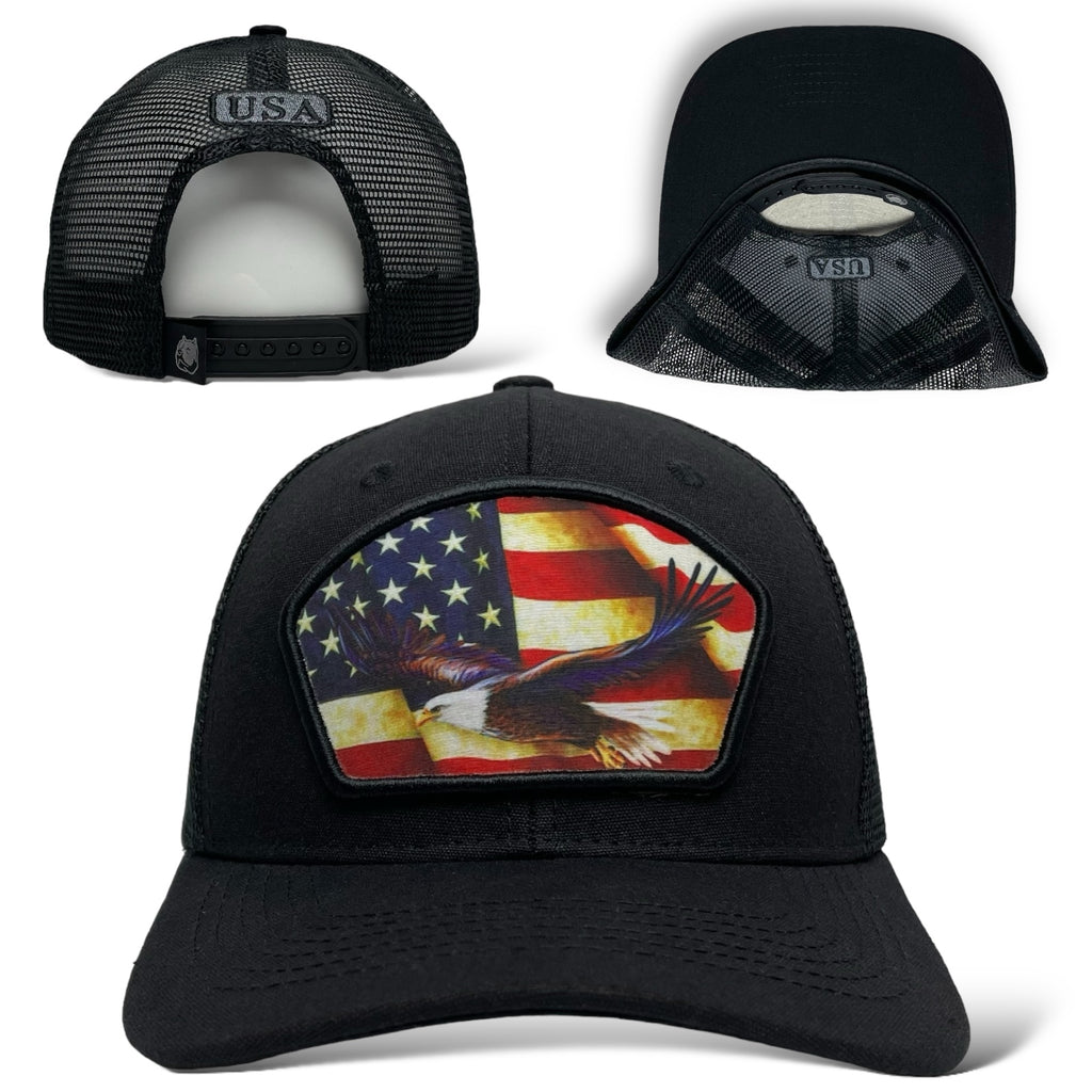 Wholesale Trucker Hat - Snapback with Flying Eagle Patch on USA Flag