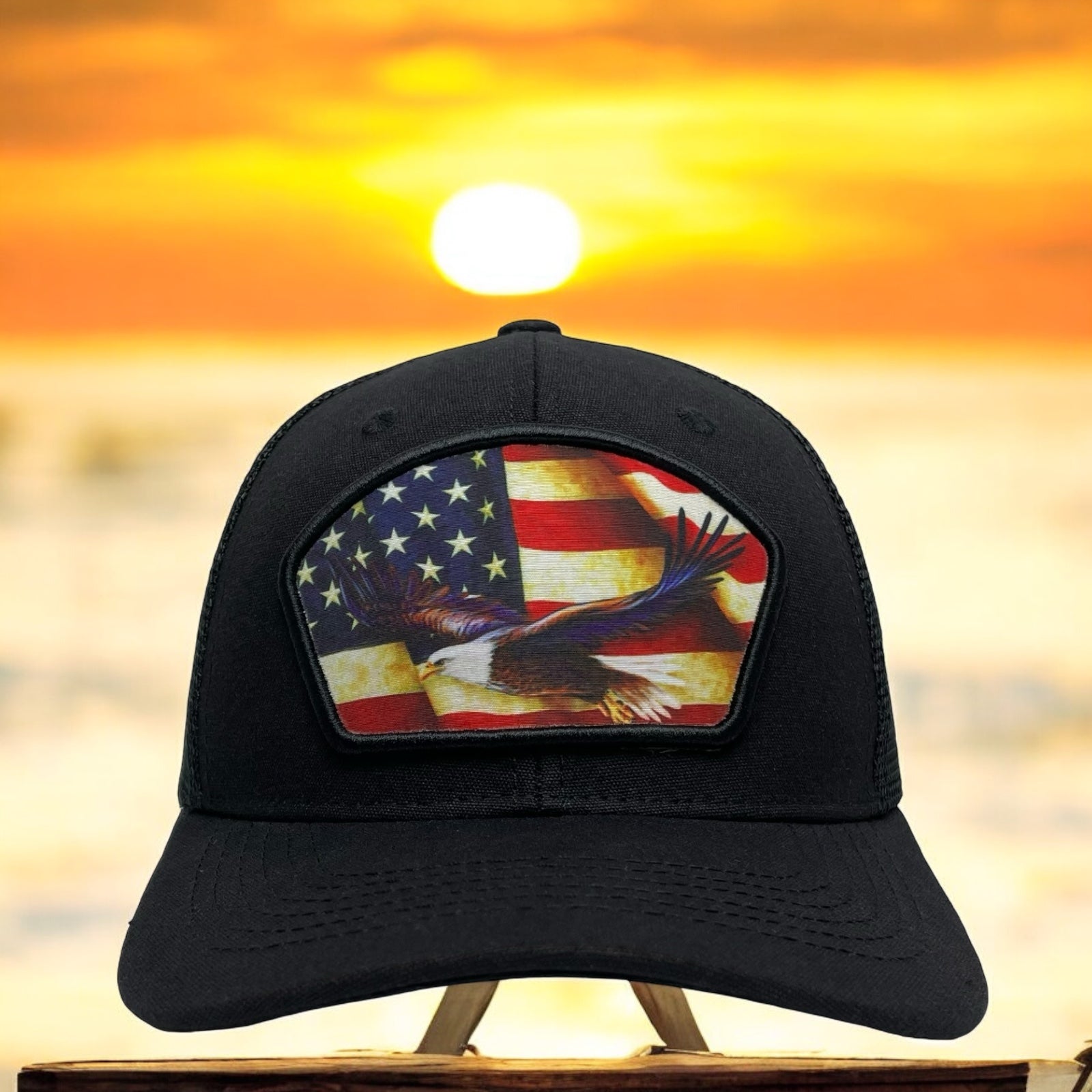 Wholesale Multicolor Trucker Hat Snapback with Printed Eagle Patch on USA Flag