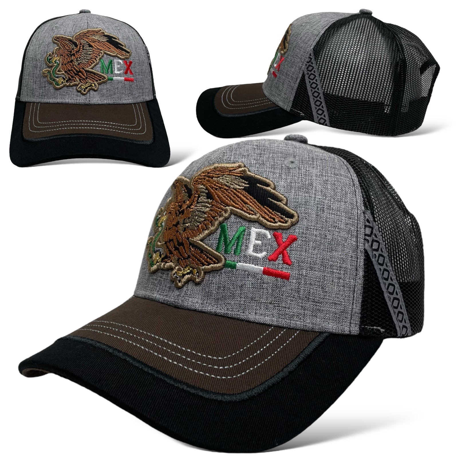 Gray Snapback Trucker Hat with Eagle and Mexico Embroidery - Front View