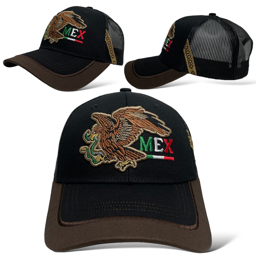 Mexico Eagle Embroidered Trucker Hat Black Snapback Front View