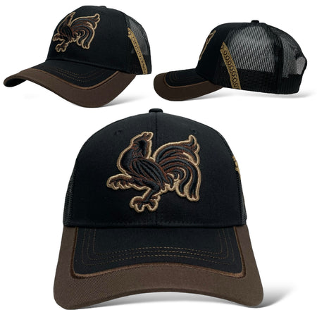 Western snapback trucker hat with embroidered rooster in black