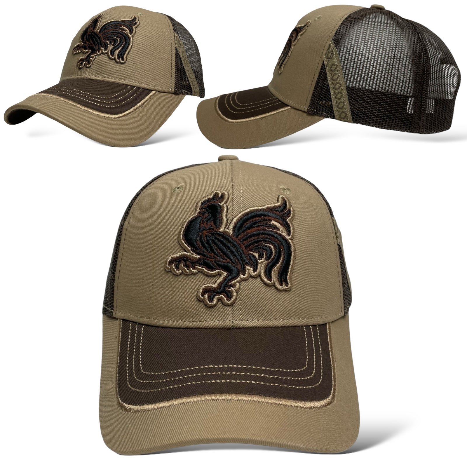 Western Rooster Embroidered Trucker Hat Khaki Snapback Mesh Back